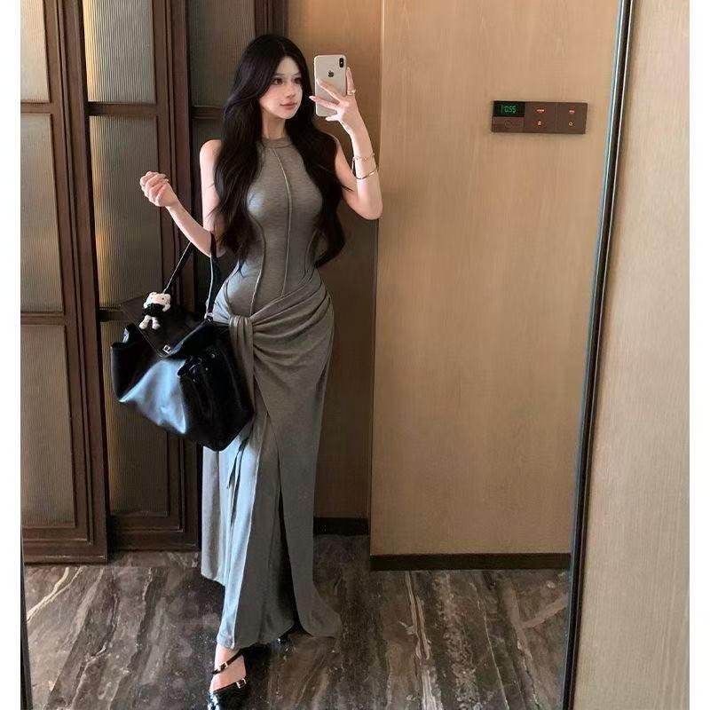 Women's Black Sleeveless French Style Slim-Fit Two-Piece Long Dress