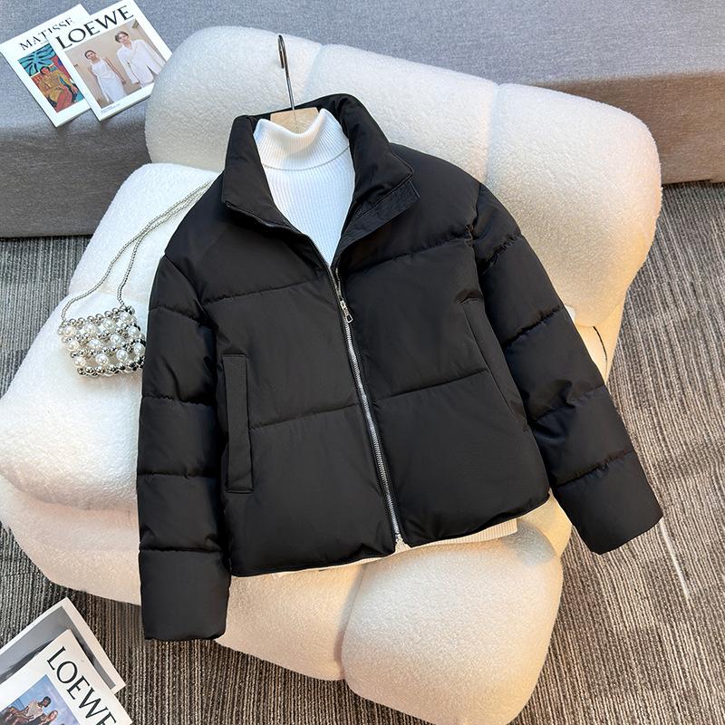 

Short autumn and winter new women s clothing hem drawstring stand-up collar long-sleeved loose cotton jacket M чёрный