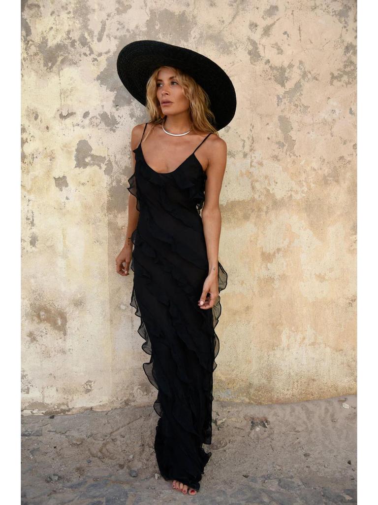 European-American Backless Spaghetti Strap Wave Slim-Fit Slit Maxi Dress