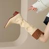 Fashion Square Toe Leather Color Blocking Middle Heel Knee High Shaft Shoes Woman Autumn Winter Chic and Elegant Pu Long Boots for Women