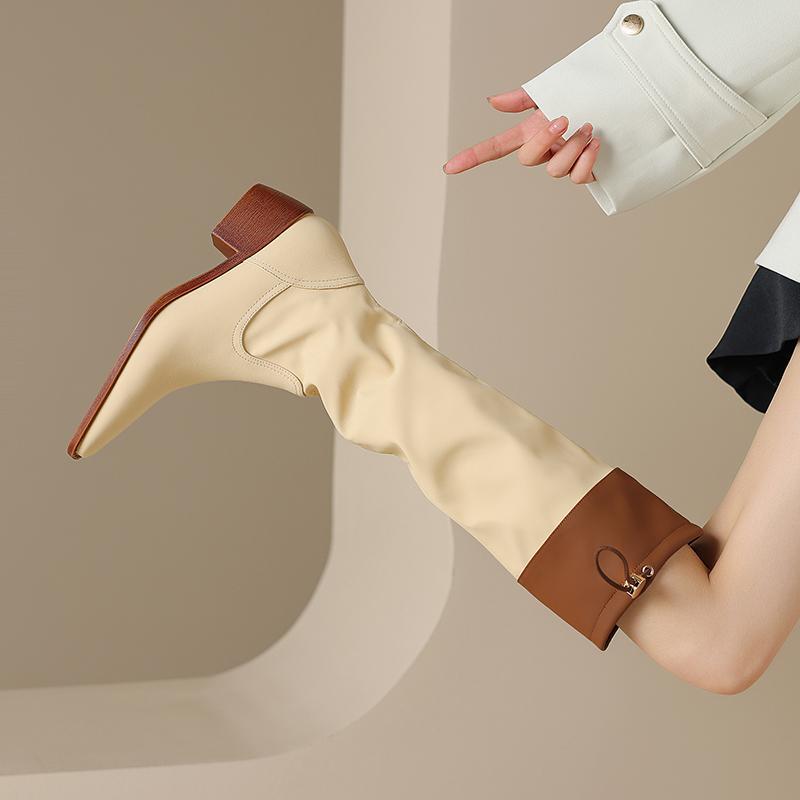 Fashion Square Toe Leather Color Blocking Middle Heel Knee High Shaft Shoes Woman Autumn Winter Chic and Elegant Pu Long Boots for Women