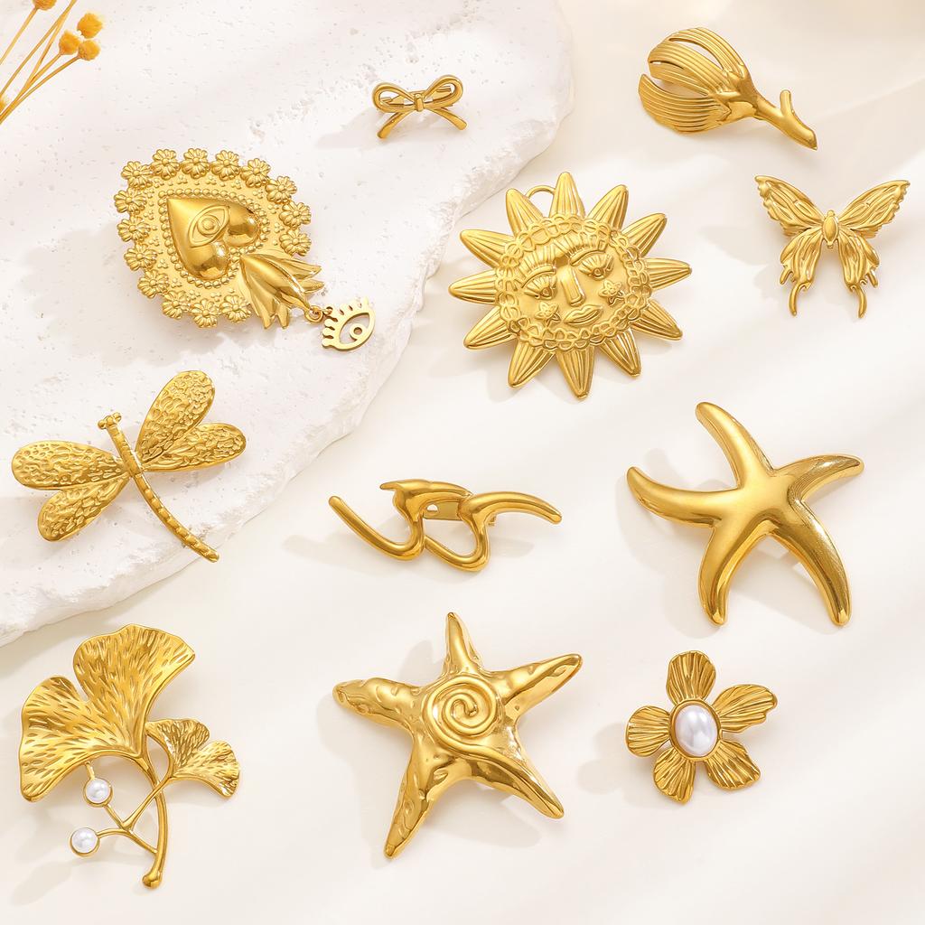 Stainless Steel Geometry Metal Brooch for Women Sun Heart Star Flower Butterfly Charm Vintage Brooches Pins Clothes Accessories