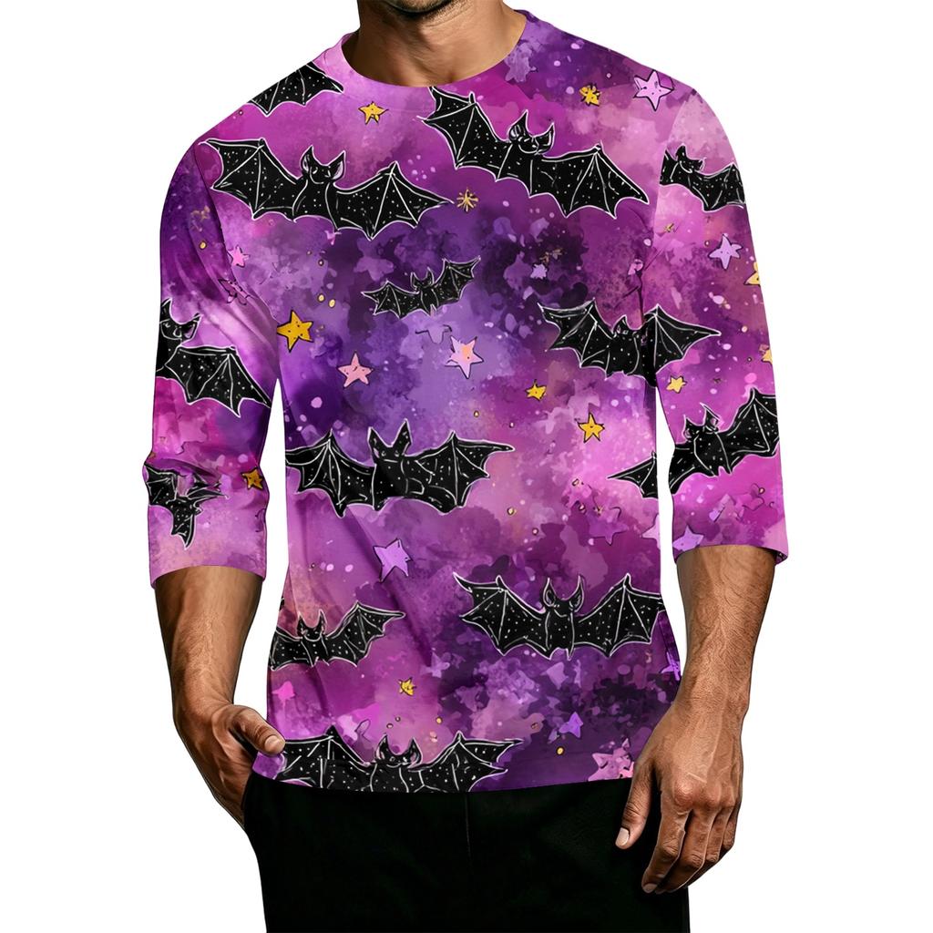 Men's Casual Halloween Print Crew Neck 3/4 Sleeve T-Shirt Lightweight Breathable Fabric Comfortable Fit