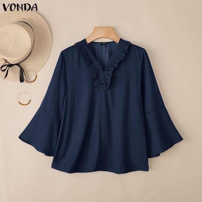 

VONDA Женская повседневная блузка с V-образным вырезом, свободного кроя, с рукавами 3/4 клеш, однотонная 4XL темно-синий