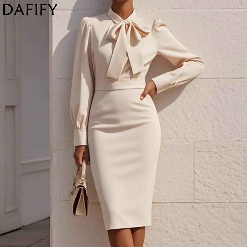 DAFIFY Women's Fashion Spring Fall Solid Color Print Long Sleeve High Waist Casual Dresses