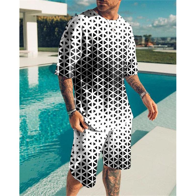 Men's Summer Suit Line Print Simple Sport Splicing Trend T-shirt Loose Casual Suit Short Sleeve Shorts Men's Summer Suit