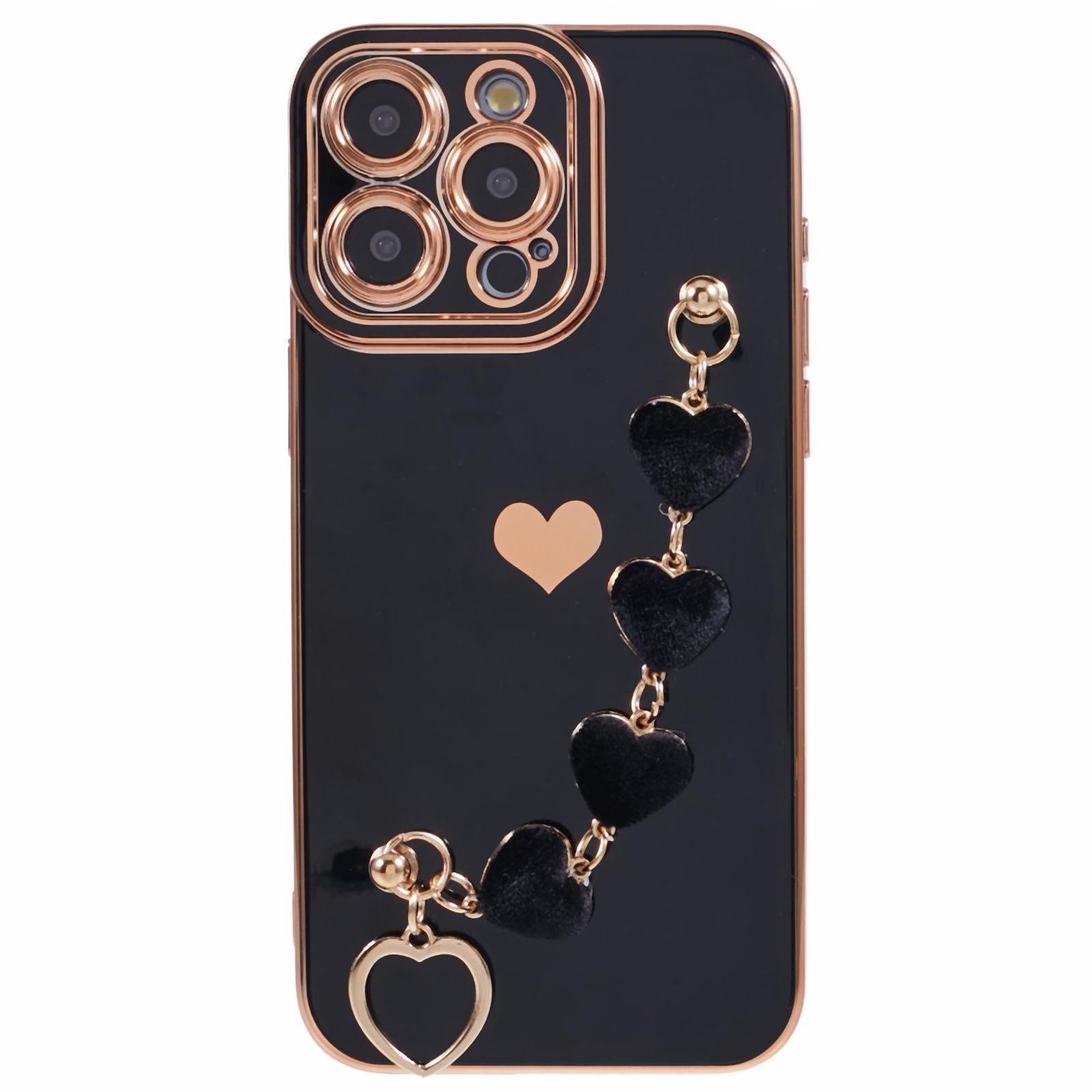 

For iPhone 12 Pro Max TPU Case with Heart Hand Strap Electroplating Phone Cover Black