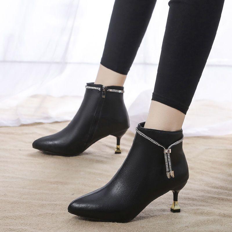 Pointed Toe Heeled Ankle Boots for Women Autumn Winter Leather Fleece-Lined Booties Designer Luxury Trend 2025 Woman Short Shoes