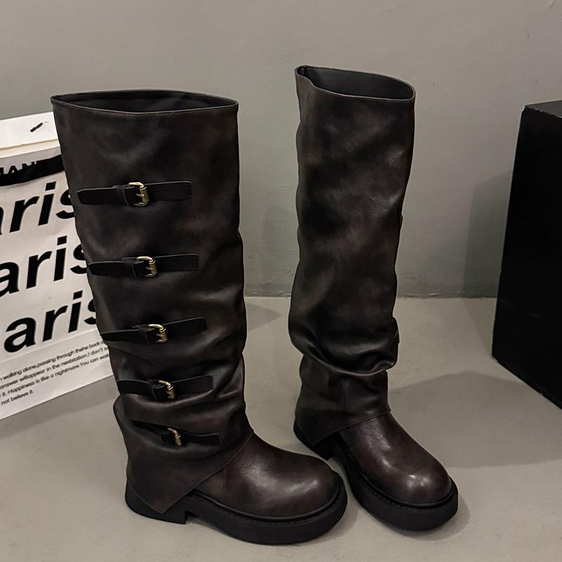 

Ретро плиссированные ботфорты женские 2025 новые длинные ковбойские сапоги в западном стиле высокий толстый каблук толстая подошва ботинки Мартин женские 40 чёрный