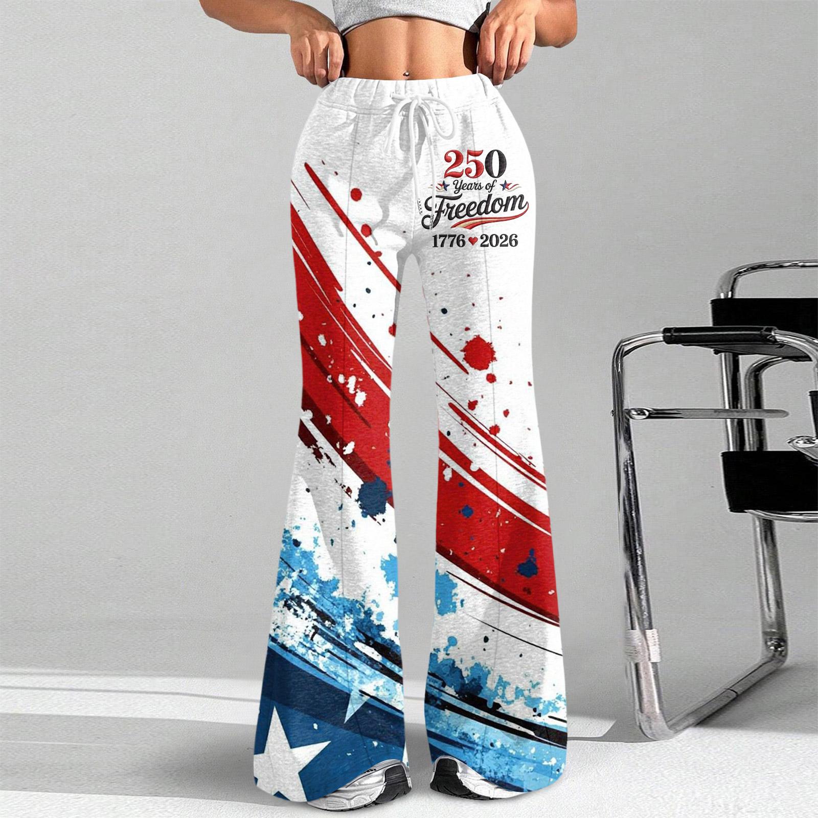 

Loose Fit Drawstring Waist Flare Pants with 250 Years of Themed Print Casual Sporty Trousers for Women L червоний
