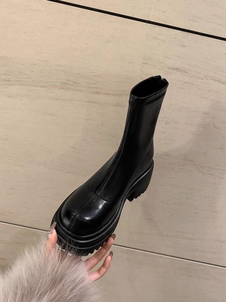 Round Head Rear Zipper Thick Bottom Thin Short Boots Women's Autumn and Winter New Korean Version High Thick Heel Short Tube Muffin Elastic Boots