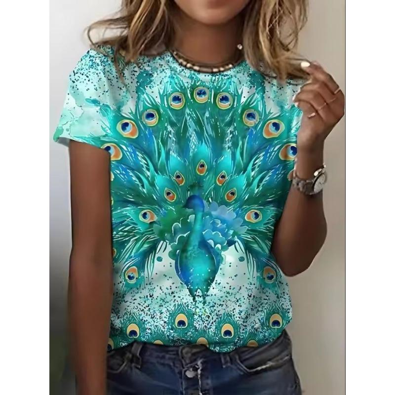

Women s T-shirt Gradient Pattern Feather Casual Short Sleeves Crew Neck Regular Tops Daily Out Weekend Print Grass Green Sage S