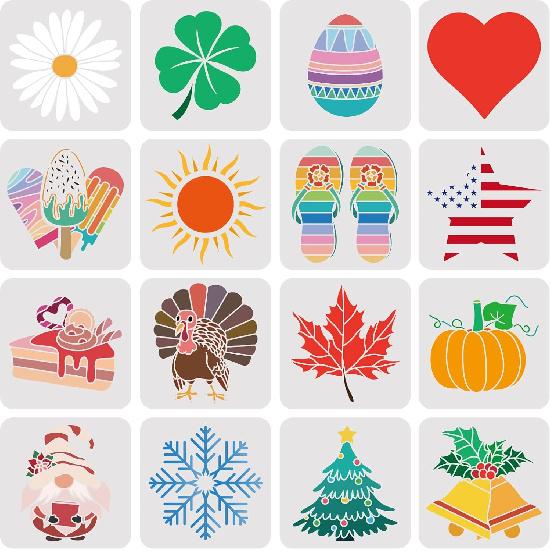 FINGERINSPIRE 16Pcs Seasonal Icons Stencil Template 7.9x7.9 inch Reusable Template for Easter, Valentine s Day, Thanksgiving, Halloween, Christmas