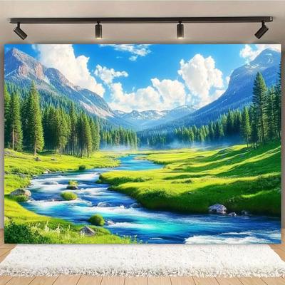 1pc - Green Meadows, Majestic Mountains and Clear Blue Skies - Polyester, for Weddings, Parties, Cameras and Soothing Landscapes