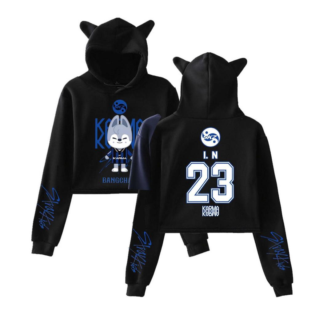 Stylish Women's Hooded Pullover Sweatshirt With Stray Kids Print, Trendy Long-sleeved Top.