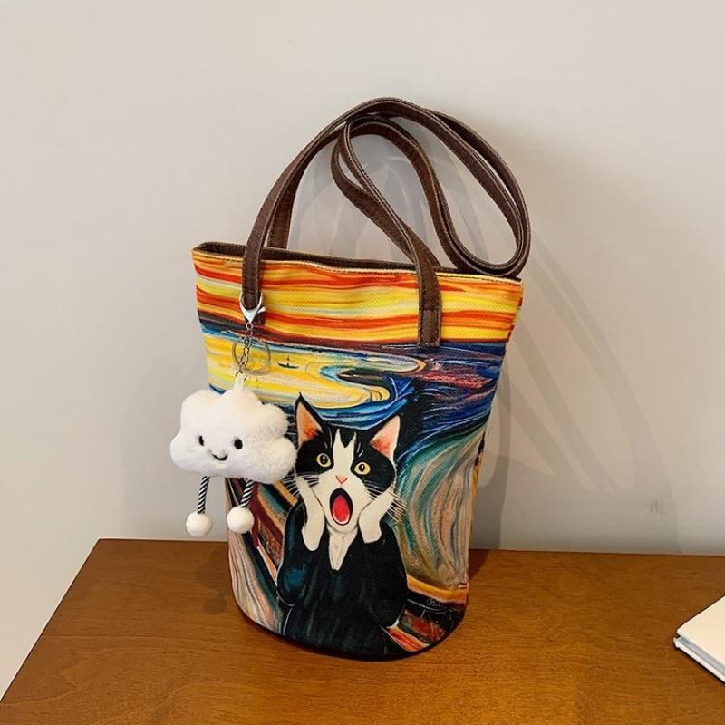 Women Handbag Lovely Cartoon Printed Bucket Bag Portable Cylinder Bag Canvas Tote Bag Students Carry Lunch Bags for Girls
