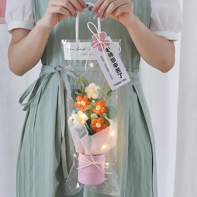 Crochet Flower Bouquet Teacher's Day Gifts with LED Light String Hand Knitted Flowers Graduation Artificial Flowers Decor