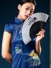 Chinese-Style Folding Fan for Women, Hollow-Carved Bamboo Fan, Traditional Ink Painting, Silk Satin Fan Surface, Daily Folding Fan