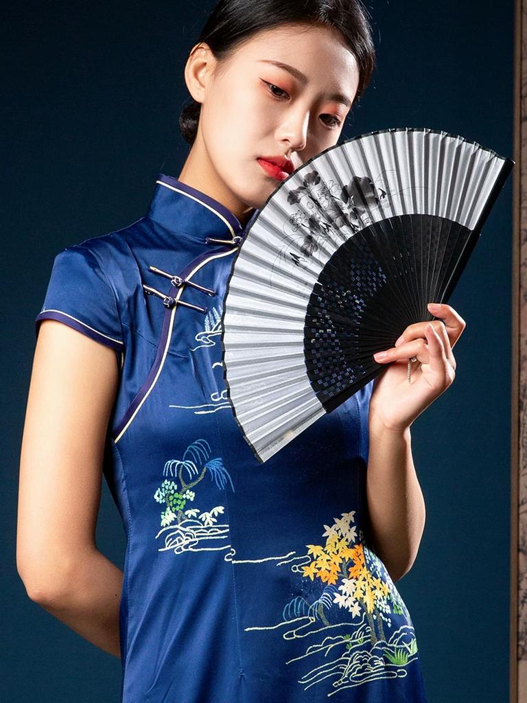 Chinese-Style Folding Fan for Women, Hollow-Carved Bamboo Fan, Traditional Ink Painting, Silk Satin Fan Surface, Daily Folding Fan