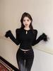Women's White Round Neck Patchwork Fur T-Shirt, Spring Hollow-Out Base Layer