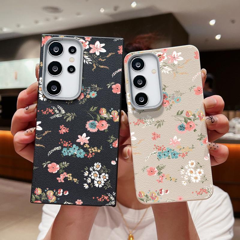 Retro Flowers Leather Texture TPU Case For Samsung Galaxy S24 FE S25 S23 S22 Ultra S25 Edge A55 A56 A16 A15 A54 A26 Phone Cover