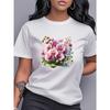 Europäische Größen Pinke Orchideen-Print T-Shirt, Kurzarm Rundhals Lässiges Oberteil, Damenbekleidung Eleganter Stil, vielseitig für den täglichen Gebrauch, Freizeit