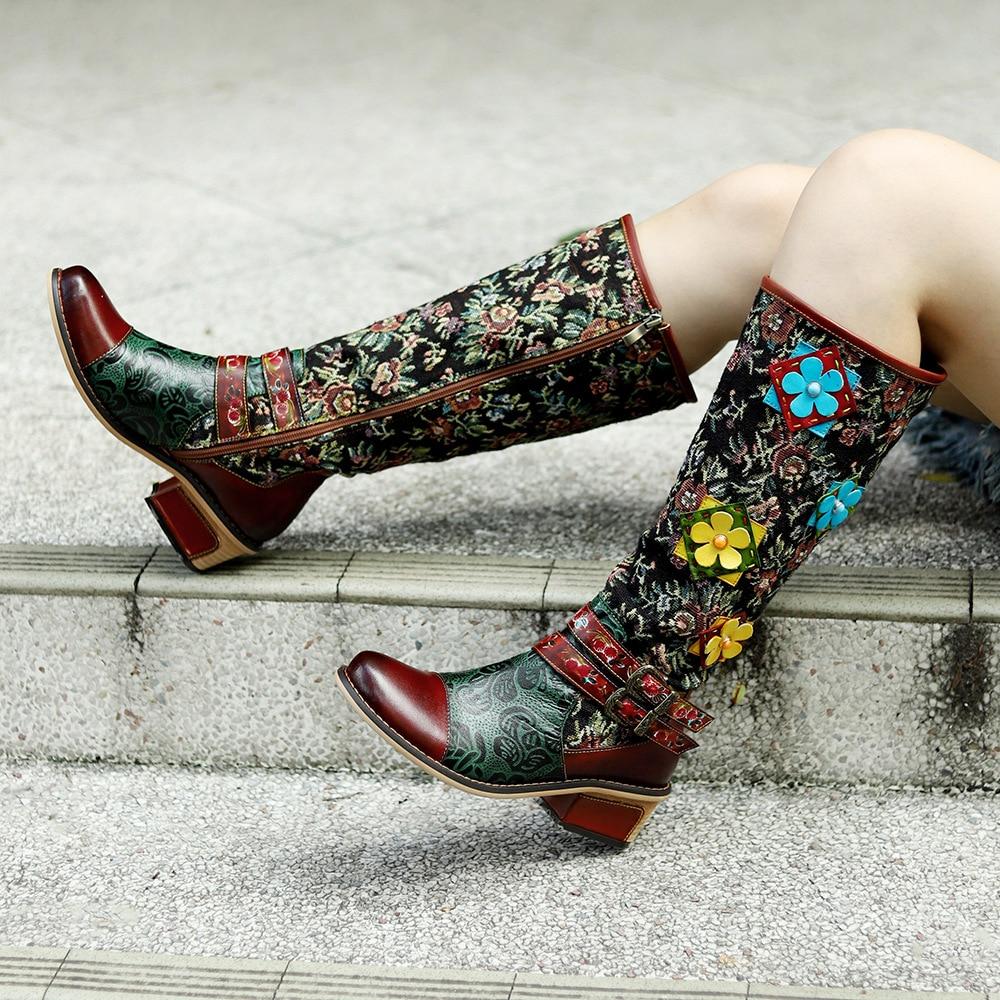 Johnature Handmade Color Printing Splice Flower Belt Buckle Comfortable Thick Heel Women Mid-calf Boots