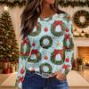 Women's Christmas Print Long Sleeve Top with Round Neck and Side Slit Hem Festive Holiday Blouse