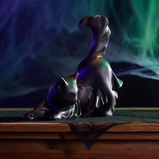 Black Ghost Cat Statue Resin Halloween Ghost Cat Figurine Gothic Feline Sculpture
