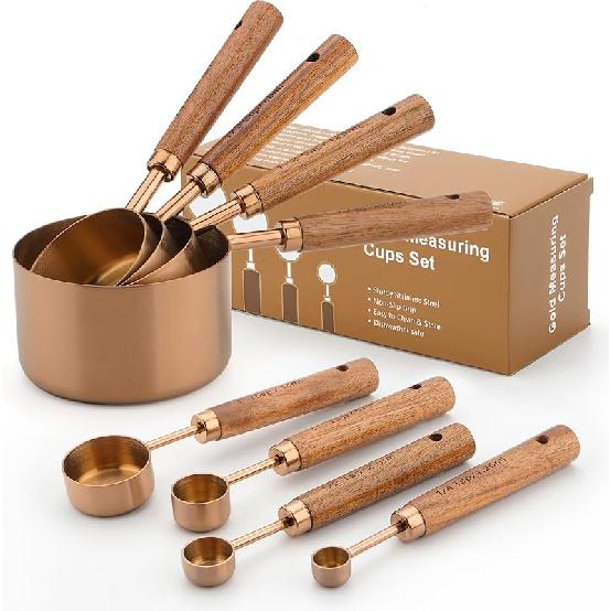 SHIKORI Gold Measuring Cups and Spoons Set with Wood Handles, Premium Stainless Steel Measuring Spoons and Measuring Cups Set-Gold