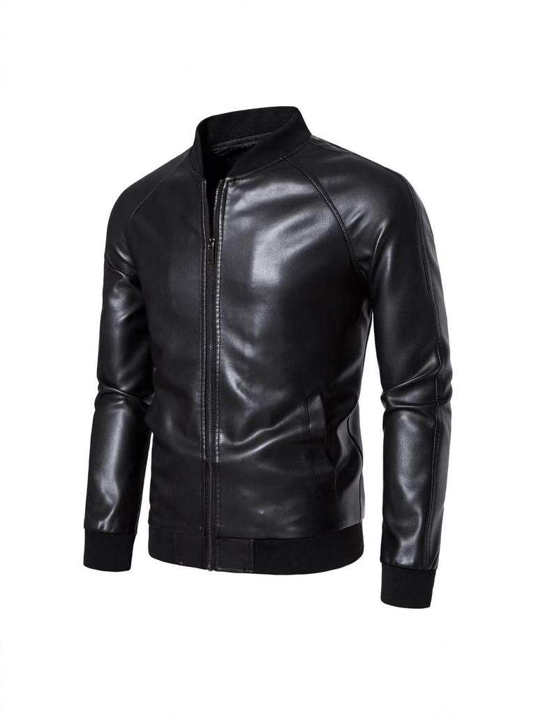 Men's PU Leather Jacket with Stand Collar - Korean Style for Autumn/Winter Casual Wear