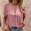 Women Summer Spring Fashion Casual Short Sleeve V Neck Button Blouse Shirts Solid Color