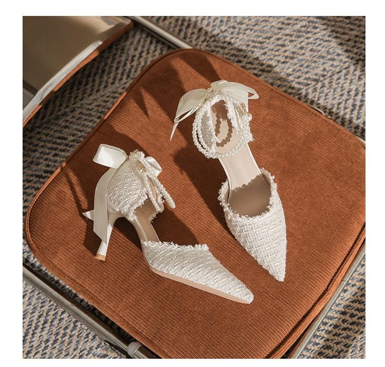 Spring and Summer Sandals Pointed Beaded Bow Hollow High Heel Single Shoes Women