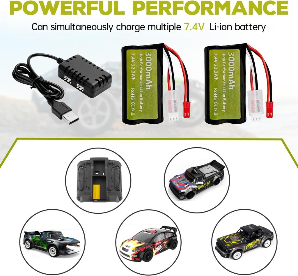 2x 7.4V 3000mAh 15C 2S Li-ion Battery with JST-2P Plug and 2-in-1 Charger – for UDIRC UD1601 UD1602 SG1603 RC Car 1/10 1/12 1/16 Scale Truck