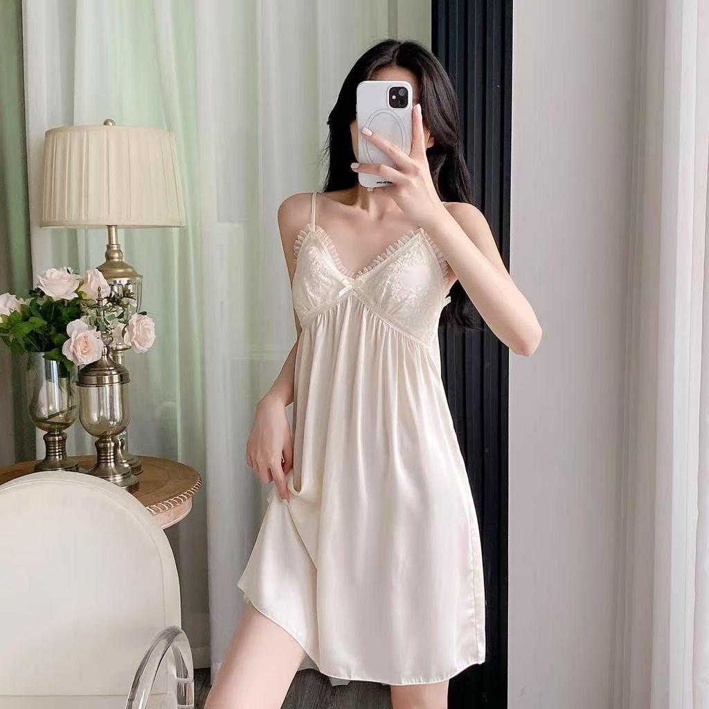 Set de cămașă de noapte cu mânecă lungă din mătase de gheață pentru femei și halat din dantelă cu cupe pentru bust - Îmbrăcăminte de noapte casual de înaltă calitate 2025.