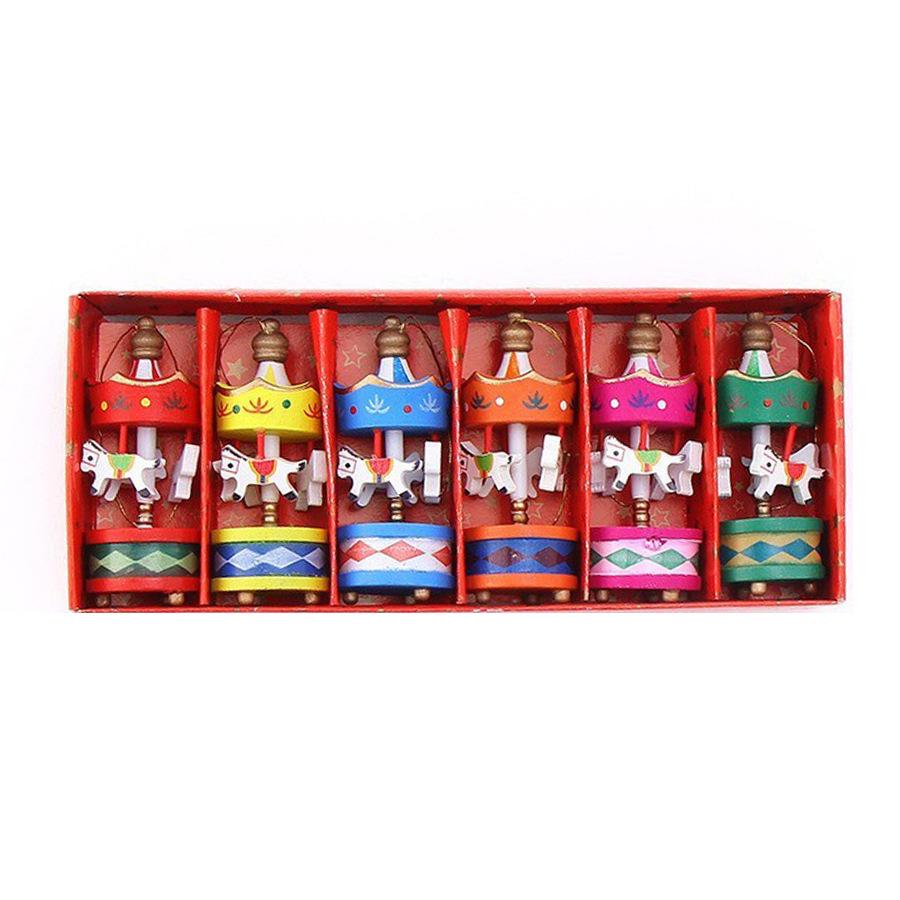 

6pcs/box Christmas Decoration Wood Carousel Horse Ornaments Mini Wooden Xmas Children Gift Toys New Year Christmas Gifts