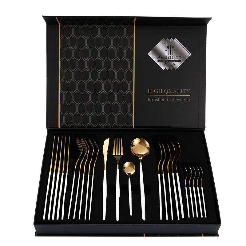 24Pcs Home Kitchen Tableware Stainless Steel Cutlery Set Dinnerware Forks Spoons Gold Plated Gift Box Set High Quality Polished Flatware Dinner Set