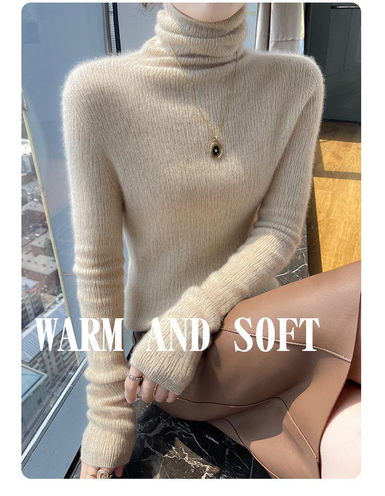 Women's Seamless High Neck Ribbed Knit Wool Sweater - Slim Fit, Textured Base Layer Pullover