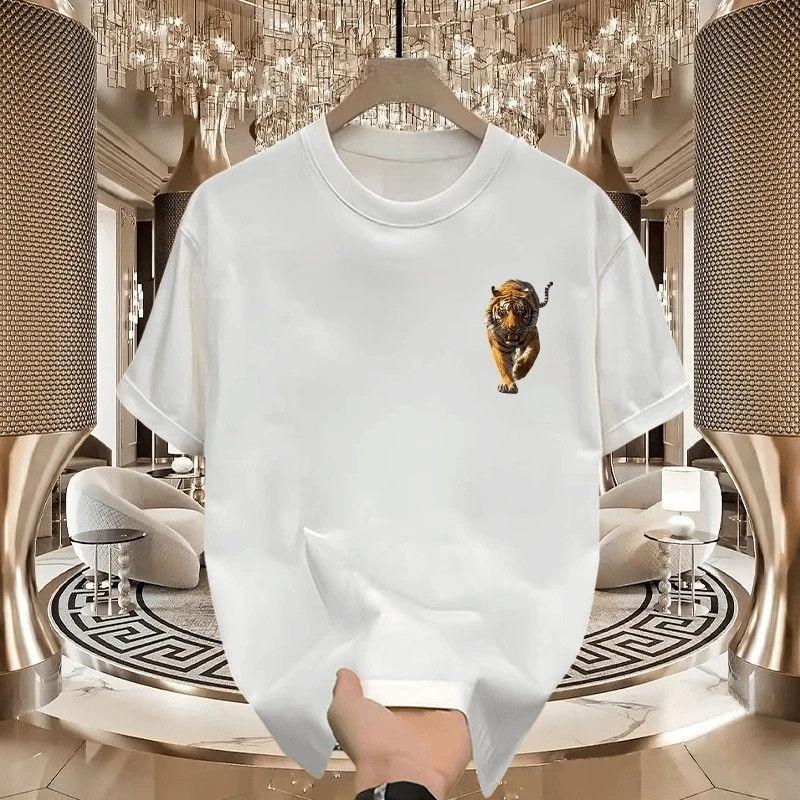 2025 New Cotton Short-sleeved Crew Neck Trendy T-shirt Summer Men's Solid Color Tiger Print Breathable Versatile Top