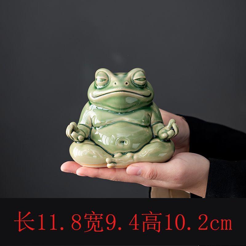 Green Glaze Zen Heart Frog Tea Pets Ornament Size Handmade Ceramic Frog Tea Table Ornament Teaware Set Accessories