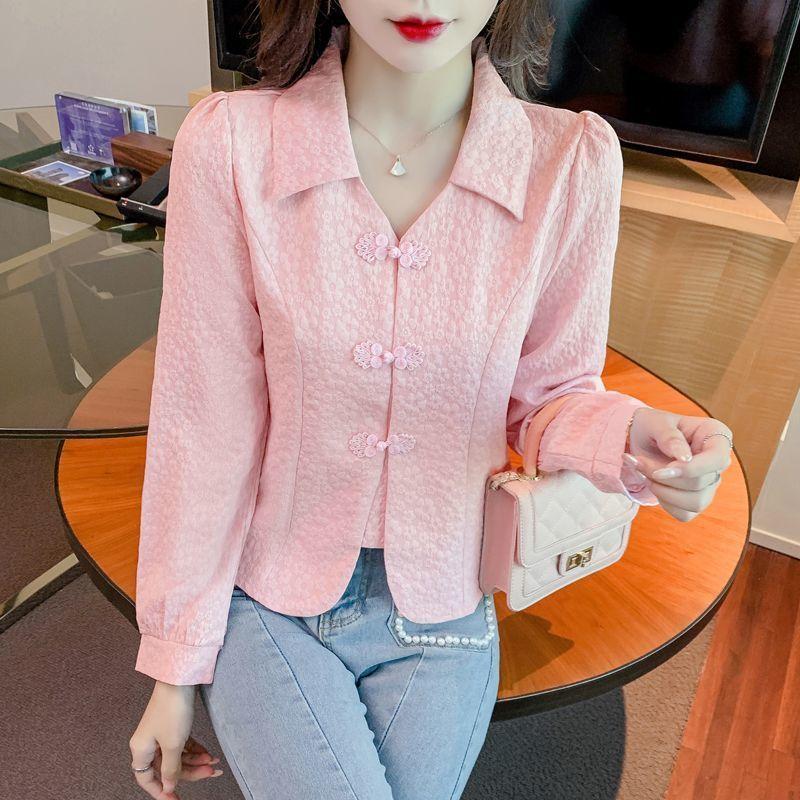Temperament Slimming New Style Age-reducing Western Style Versatile Retro Buckle Design Chiffon Long-sleeved Top