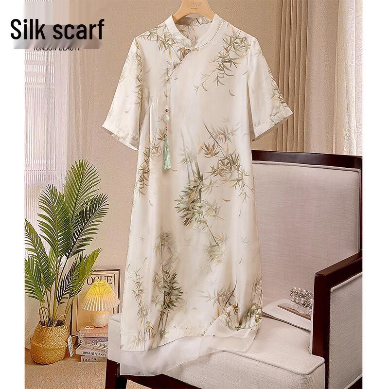 Elegant Retro Printed Short-Sleeve Cheongsam Dress S