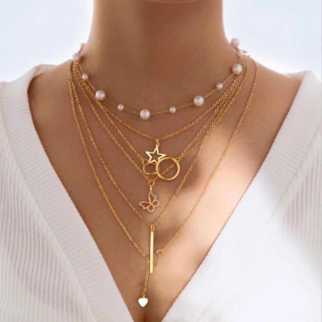 Elegant Vintage Jewelry Set for Women Gold Color Necklaces Earrings Irregular Rings Bead Bracelet Daily Wear Jewelry Gift No Box