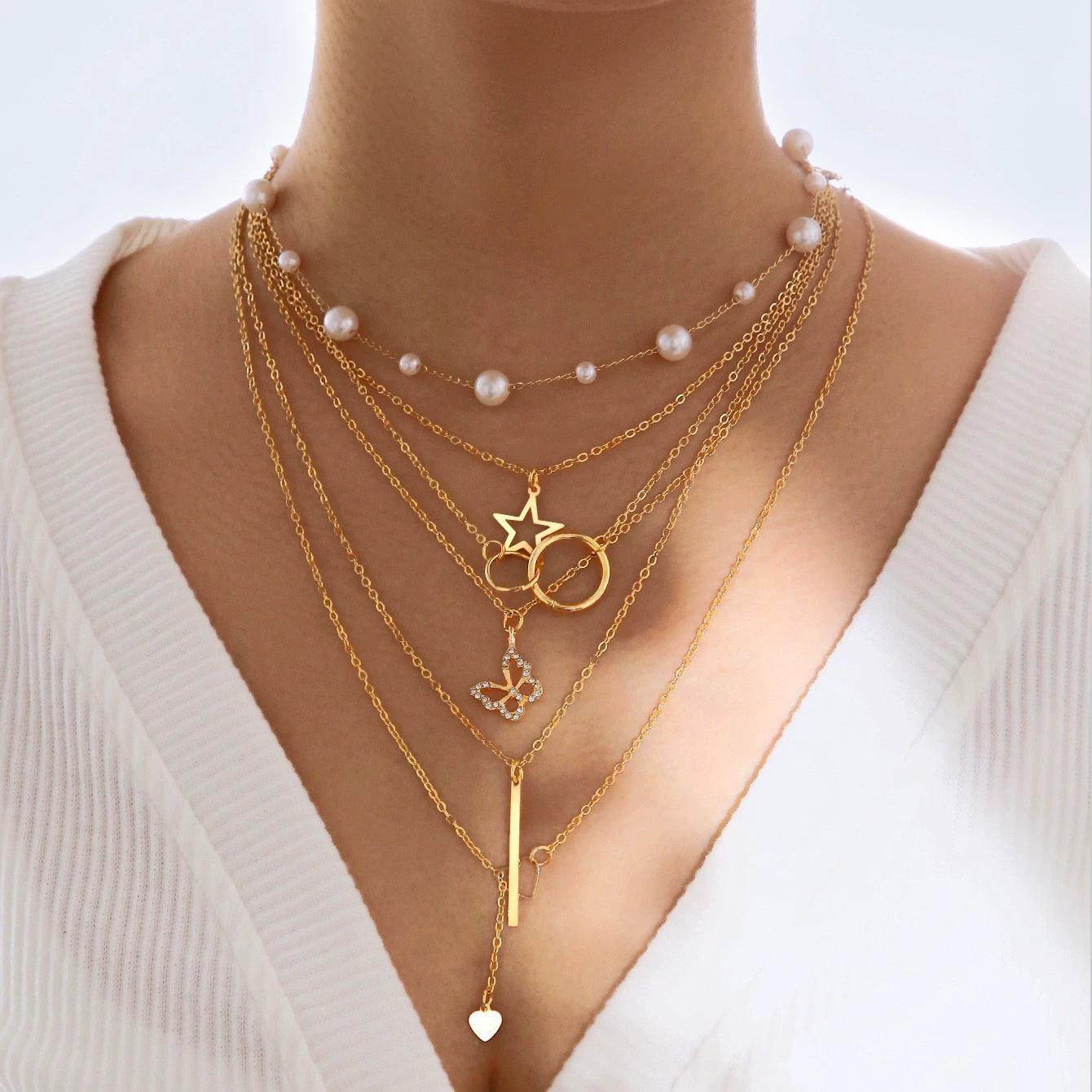 

Elegant Vintage Jewelry Set for Women Gold Color Necklaces Earrings Irregular Rings Bead Bracelet Daily Wear Jewelry Gift No Box