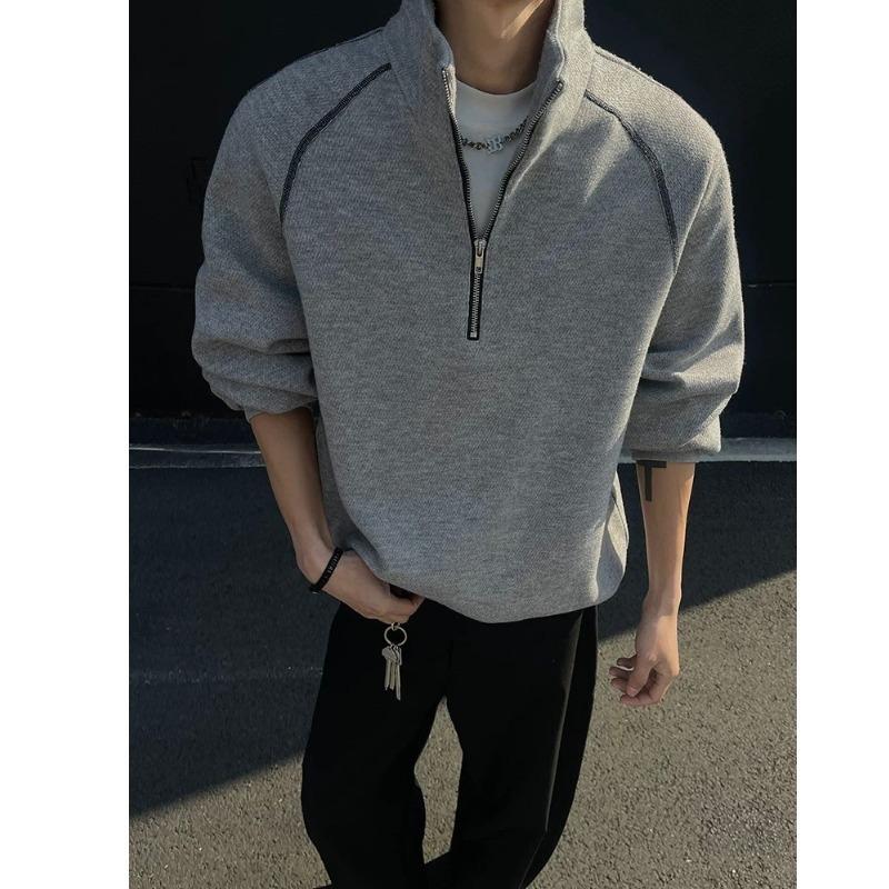 Half Zipper Turtleneck Striped Sweater Men's Spring Cleanfit Heavy American Short Jacket Loose Pullover Top