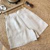Pantalones Cortos de Lino de Color Sólido para Verano para Mujer de Oficina Coreana Bolsillos con Cremallera Casual Sueltos Cintura Alta A-line Pierna Ancha