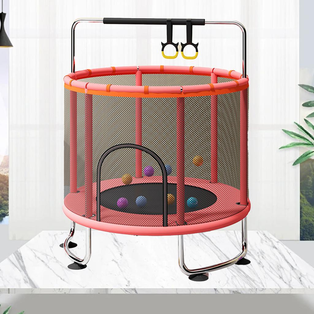 Kinder Trampolin Innen Außen Klein Fitness Trampolin Spielzeug mit Sicherheitsnetz Basketballkorb Gymnastikringe Schaukel für Jungen und Mädchen