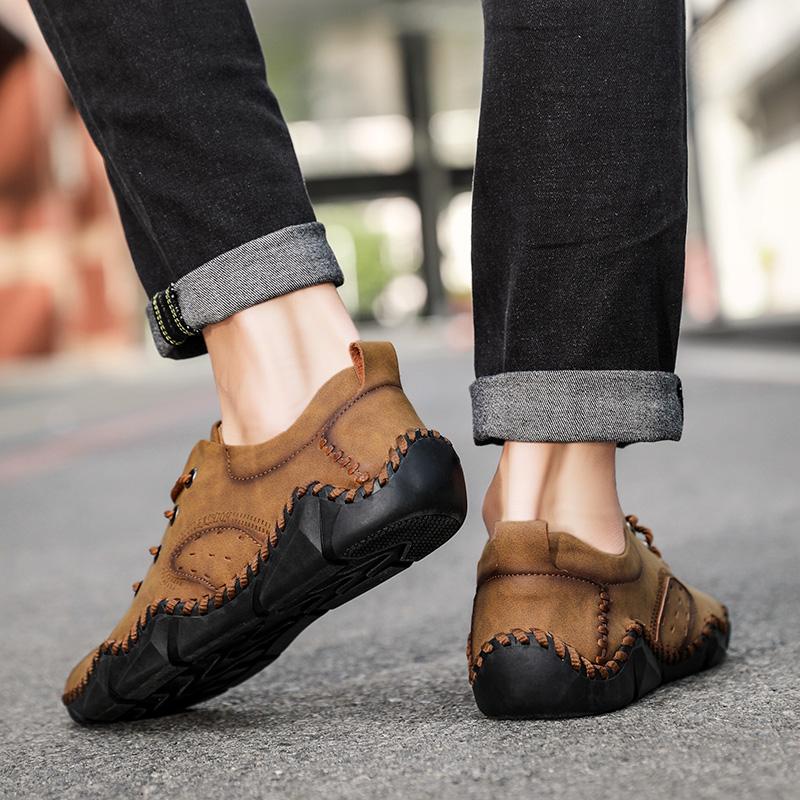 Men Brown Moccasins Hiking Shoes Handmade Black Flats Driving Shoes Casual Wide Head Shoes Plus Size