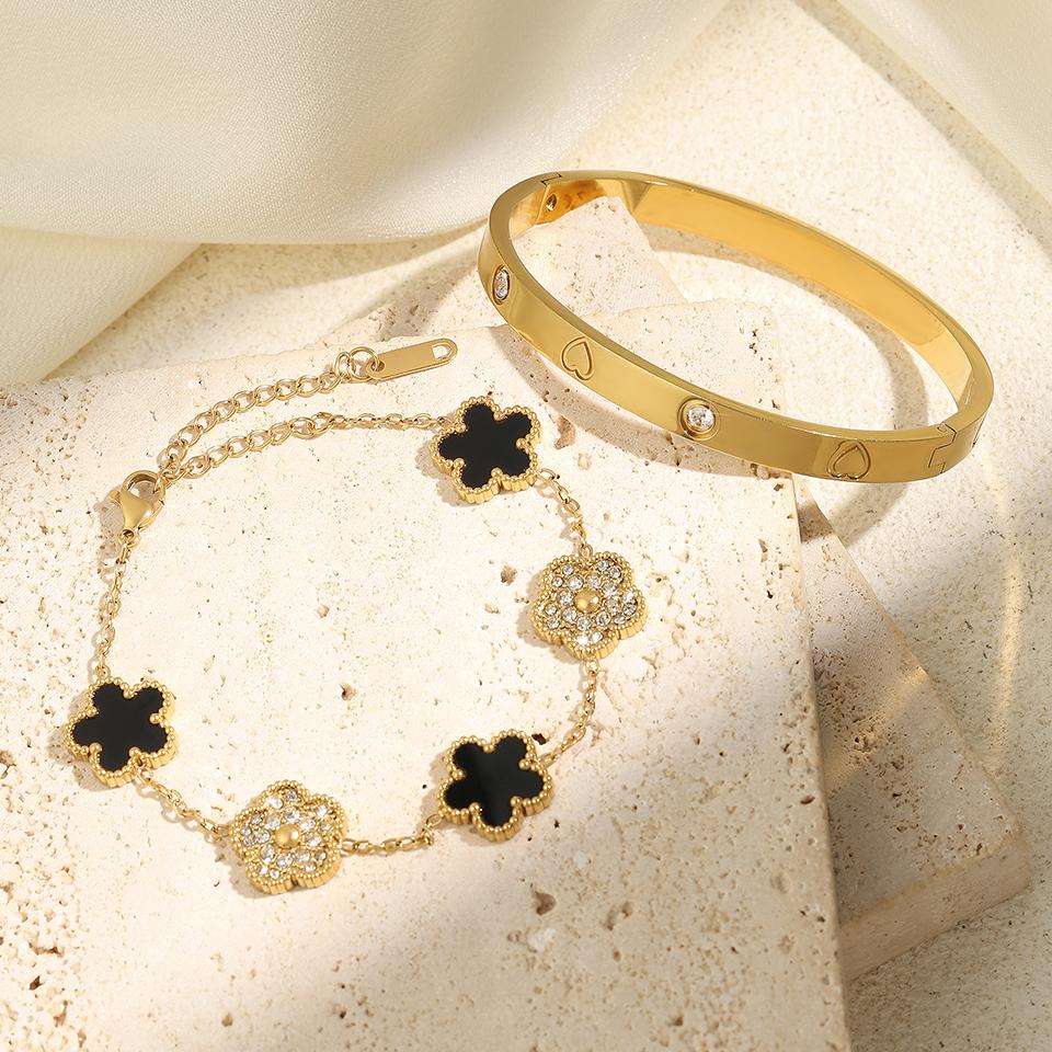 ZAKOL Fashion Five-leaf Flower Stacked Bracelet Bangle for Women Elegant Versatile Stainless Steel Zircon Gift