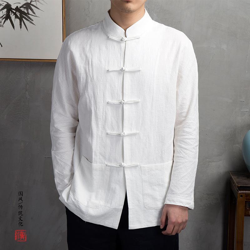 Autumn Chinese-style button-down linen shirt for men Loose-fitting long-sleeved cotton-linen top Traditional Chinese menswear Vintage-inspired shirt